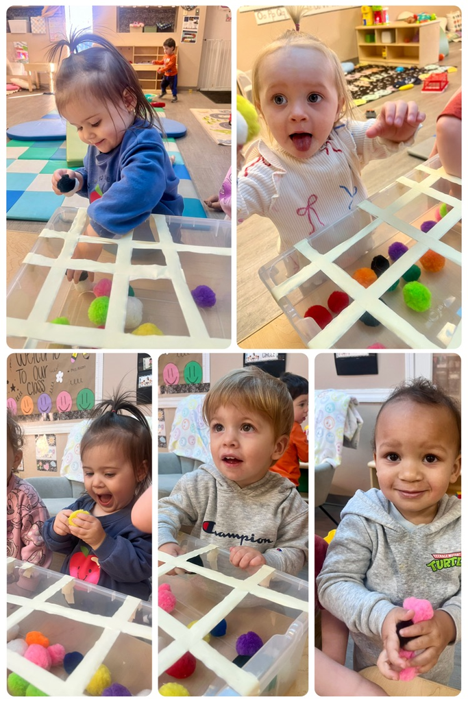 children grabbing colored craft balls out of container