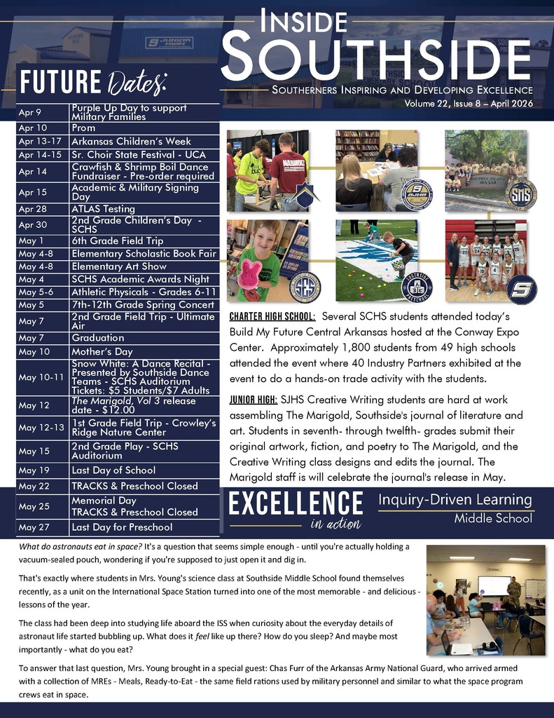 Page 1 students building, students writing, students at Dauphin Island sign, boy holding bunny mold, boy hunting easter eggs, girls basketball team