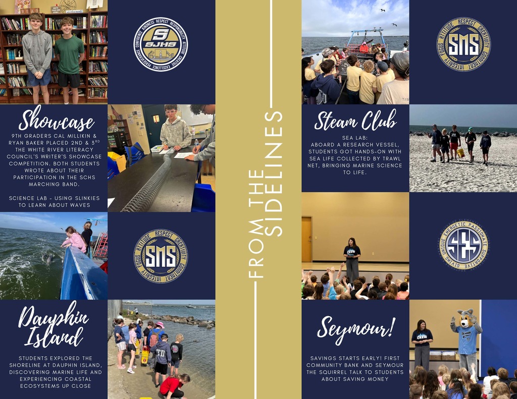 boys standing in front of books, boys in science lab with slink, girls on boat with dauphins, boys and girls on beach , boys and girls on boat, woman talking to group of students, woman and squirrel mascot in front of students