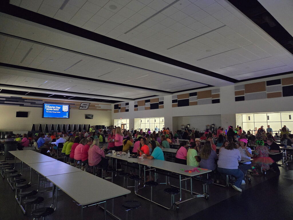 cafeteria people in neon colors