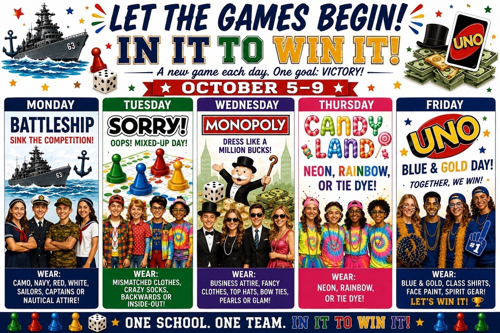 Spirit Week Monday Battleship, Tuesday Sorry, Wednesday Monopoly, Thursday Candy Land, Friday Uno