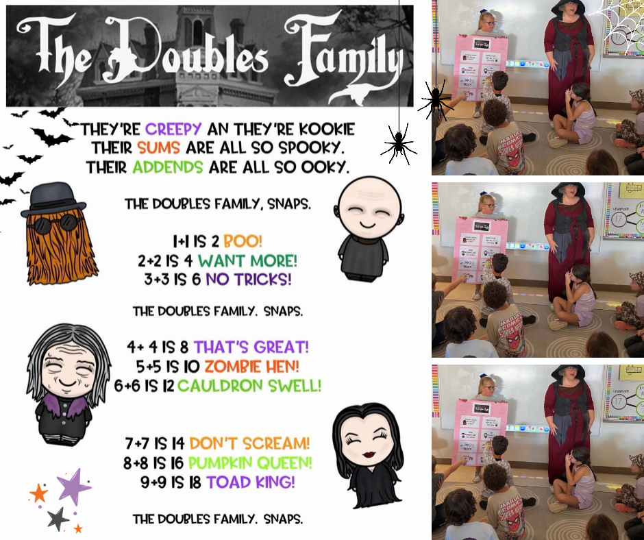 The Doubles Family poem, teacher dressed as a friendly witch