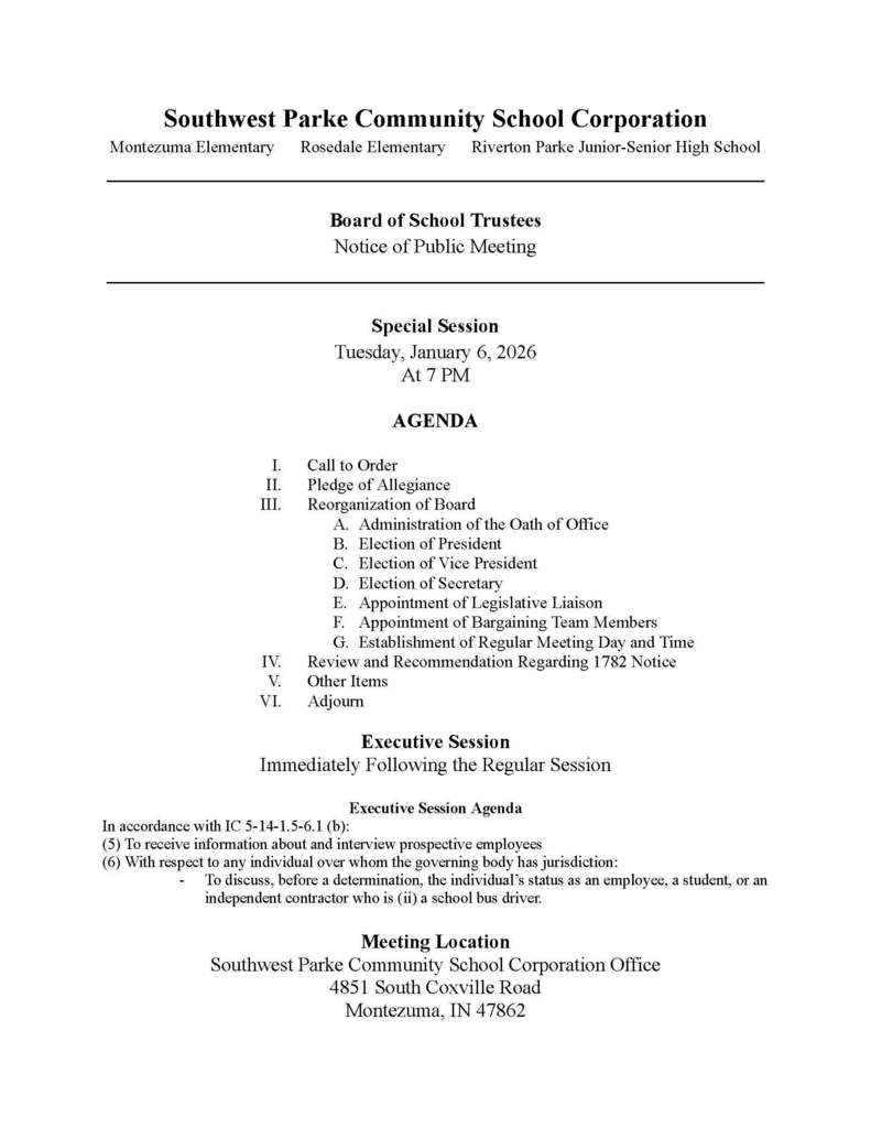 Notice of Special Meeting - Tuesday, January 6, 2026 - 7 PM