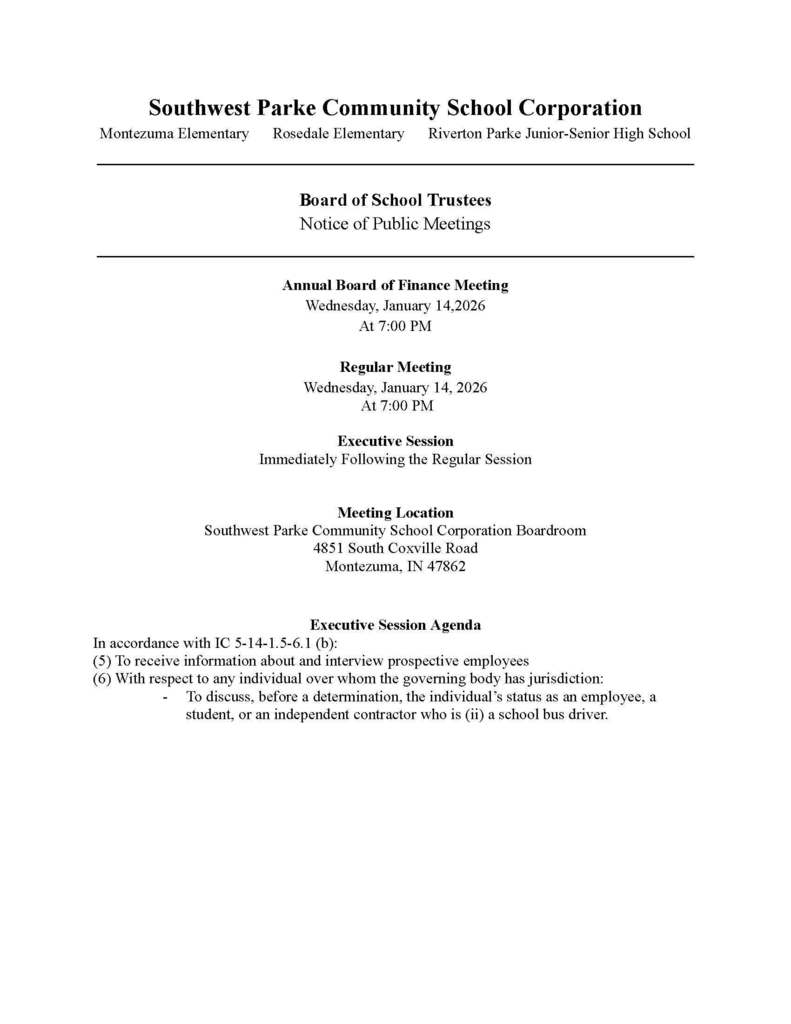 Notice of Public Meetings - January 14, 2026 - Southwest Parke Board of School Trustees