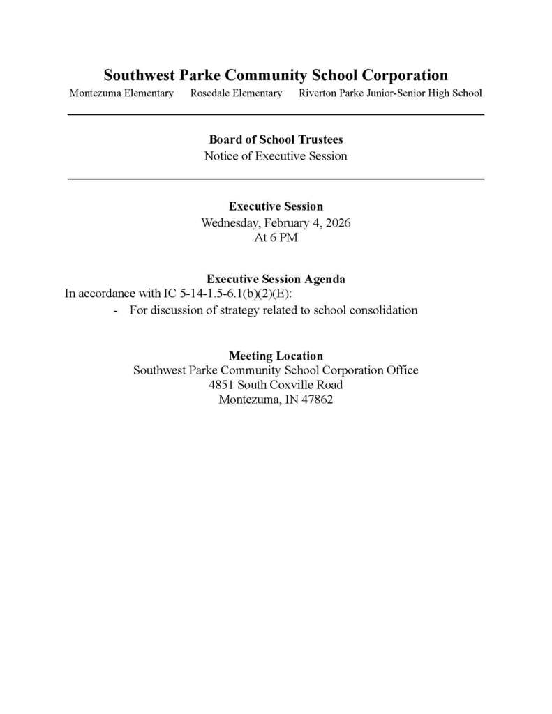 Southwest Parke Board of School Trustees - Executive Session - February 4, 2026 - 6 PM