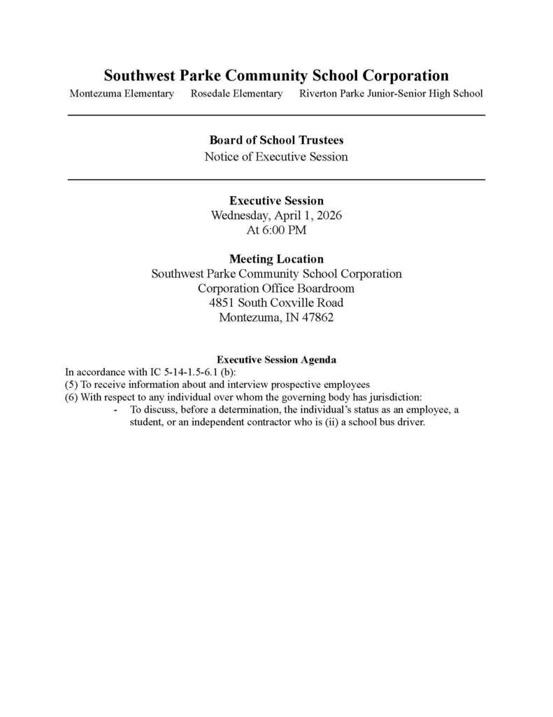 Southwest Parke Board of School Trustees - Executive Session Notice - April 1, 2026 - 6 PM