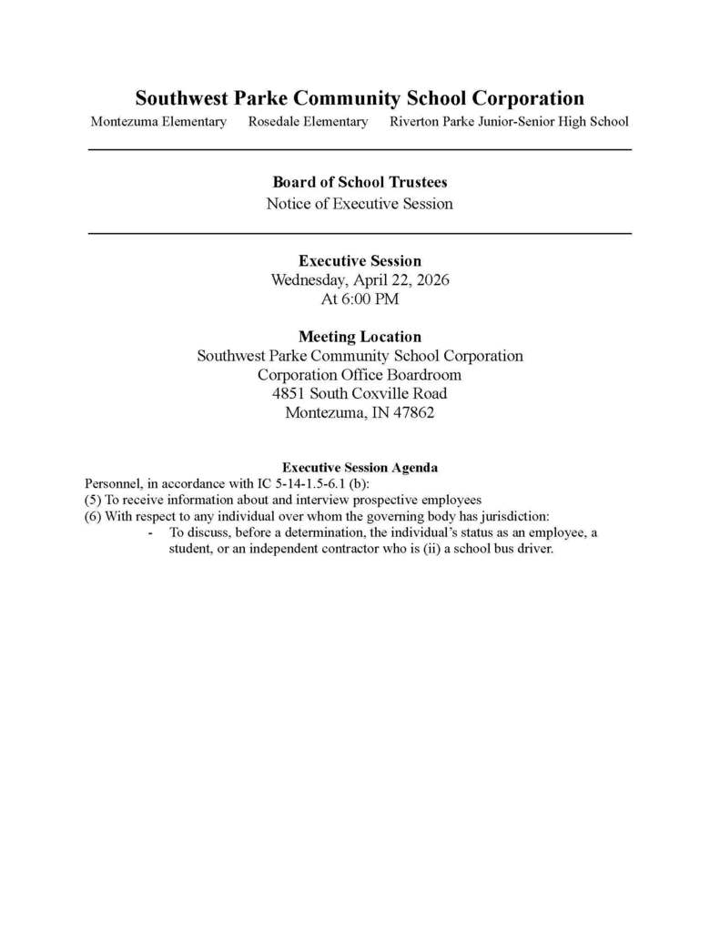 Notice of Executive Session - Wednesday, April 22, 2026 - 6 PM 