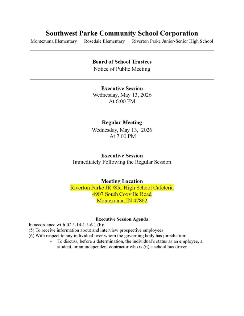 Notice of Public Meeting - Southwest Parke Board of School Trustees - Wednesday, May 13, 2026 - 7 PM - RPHS Cafeteria