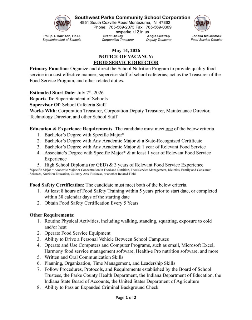 NOTICE OF VACANCY - FOOD SERVICE DIRECTOR - PAGE 1