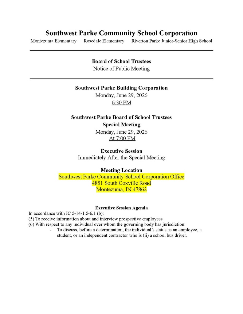 REVISED NOTICE OF MEETINGS - SOUTHWEST PARKE COMMUNITY BUILDING CORPORATION AND BOARD OF SCHOOL TRUSTEES - MONDAY,  JUNE 29, 2026