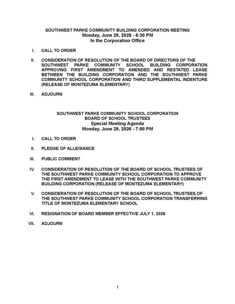 JUNE 29, 2026 BUILDING CORPORATION AND SCHOOL BOARD TENTATIVE AGENDA