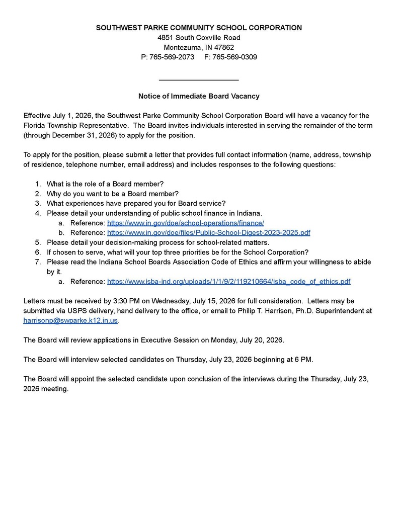 NOTI CE OF BOARD VACANCY - FLORIDA TOWNSHIP