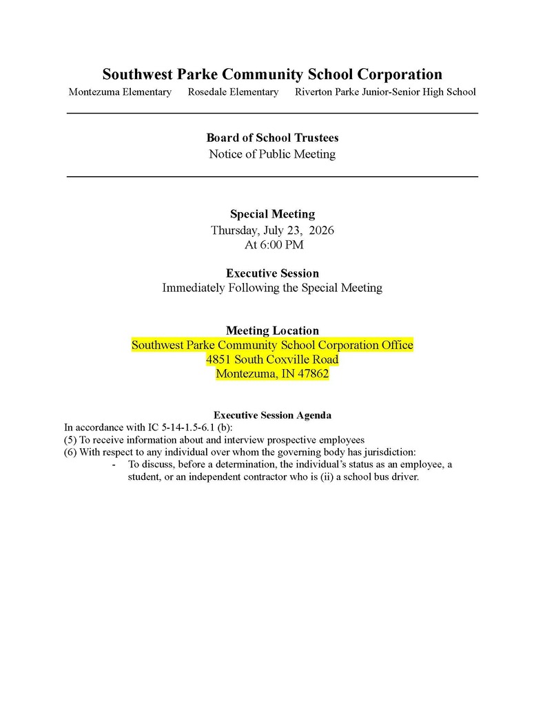 NOTICE OF PUBLIC MEETING - SOUTHWEST PARKE BOARD OF SCHOOL TRUSTEES - THURSDAY, JULY 23, 2026 - 6 PM