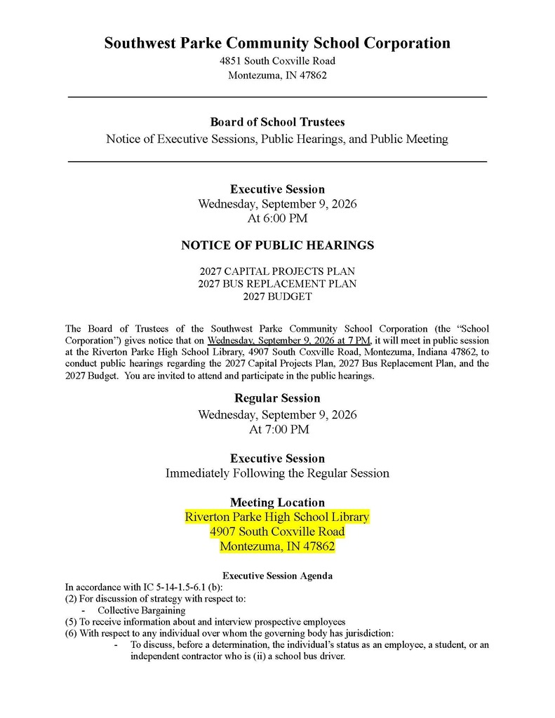 Notice of Executive Sessions, Hearings, and Meeting for September 9, 2026