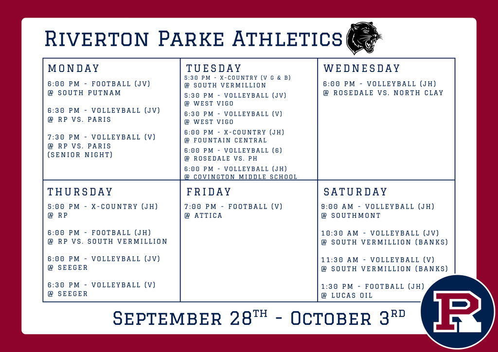 Schedule 9/28 - 10/3