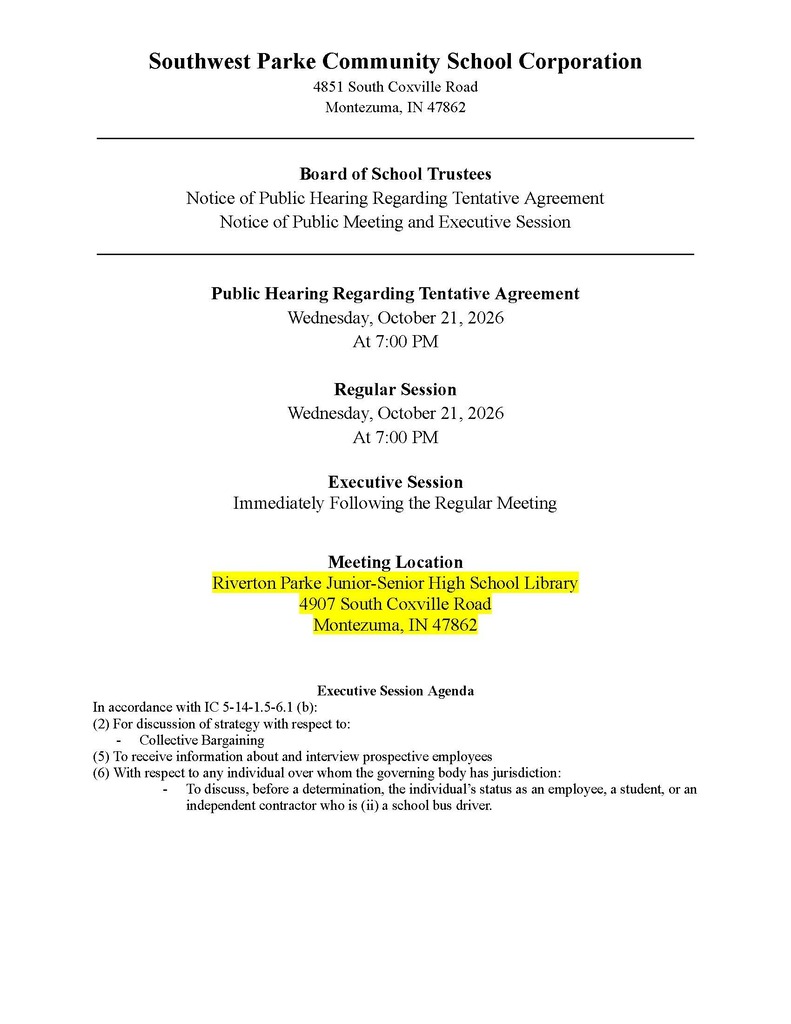 NOTICE OF PUBLIC HEARING AND PUBLIC MEETING - SOUTHWEST PARKE BOARD OF SCHOOL TRUSTEES - WEDNESDAY, OCTOBER 21, 2026 - 7 PM AT RPHS LIBRARY