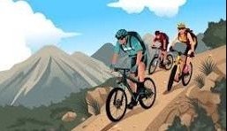 Three teenage to adult mountain bikers on a dirt trail in a mountain setting
