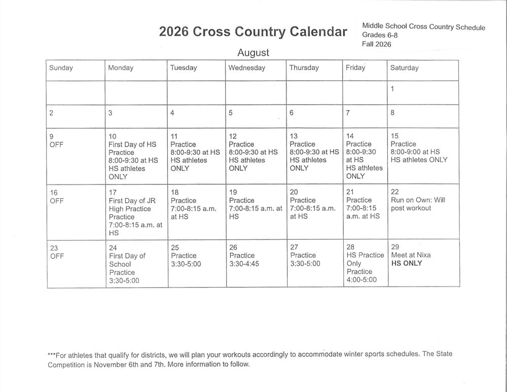 Middle School Cross Country Schedule Grades 6-8