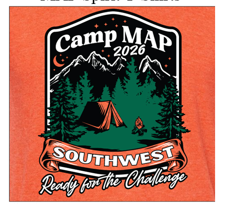 A graphic design for a t-shirt, set against a heathered orange background. The central emblem is a black shield-shaped crest featuring a wilderness scene and the following text: Top Title: "Camp MAP 2026" Banner Text: "SOUTHWEST" Bottom Script: "Ready for the Challenge"