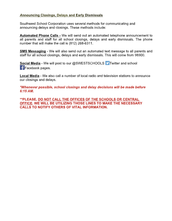 SWSC Emergency Closing and Delay Information