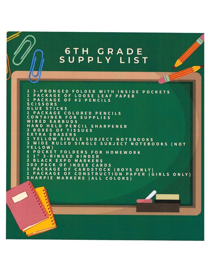 6th Grade Supply List