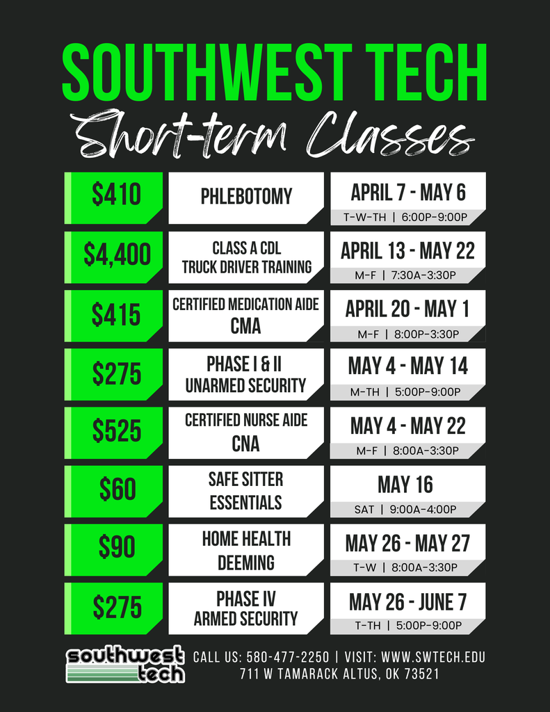 list of short term classes with dates and prices