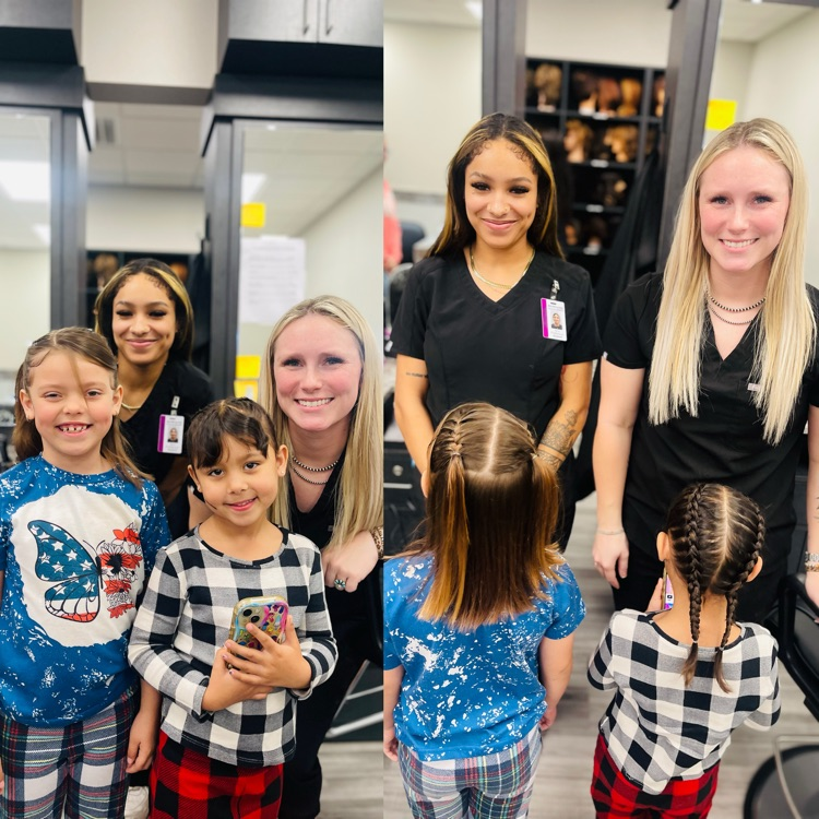 cosmetology students beside girls with braided hair