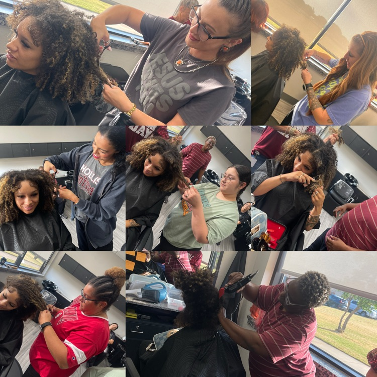 students cutting hair 