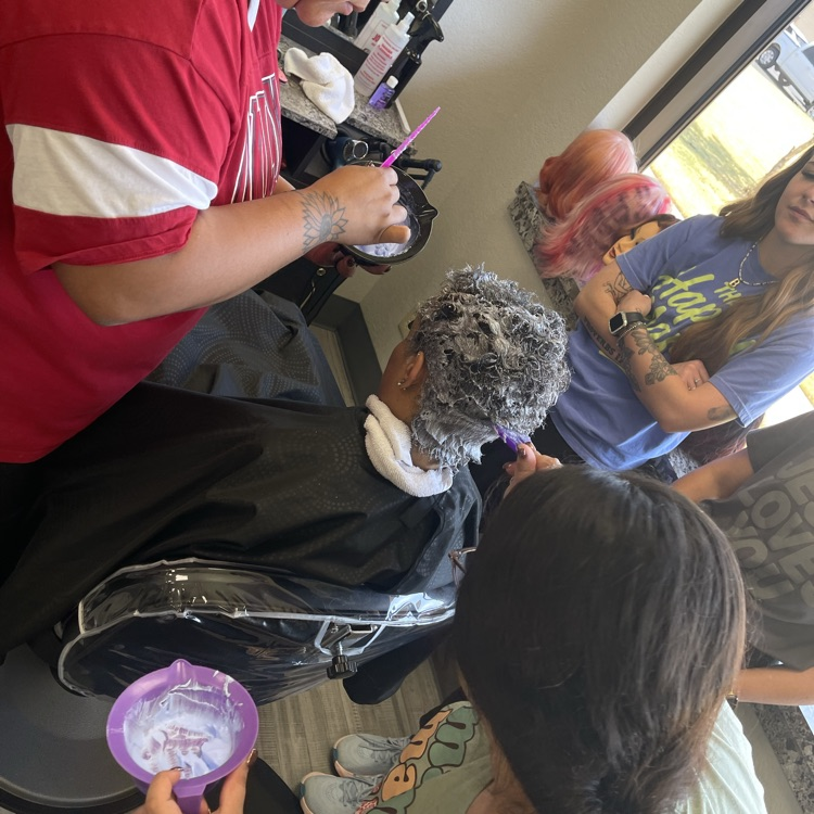 students applying lightener to head