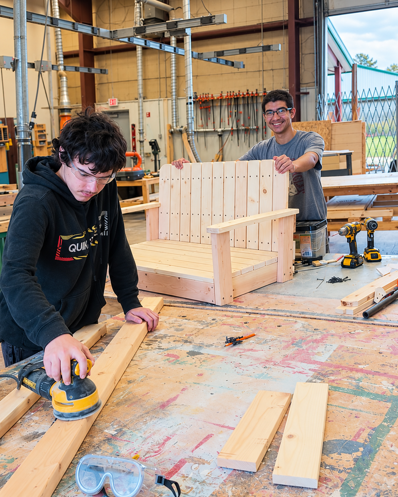 Students sanding a bench
