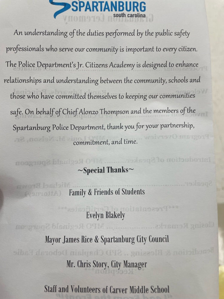 Spartanburg Police Department Junior Citizens Graduation Cohort 