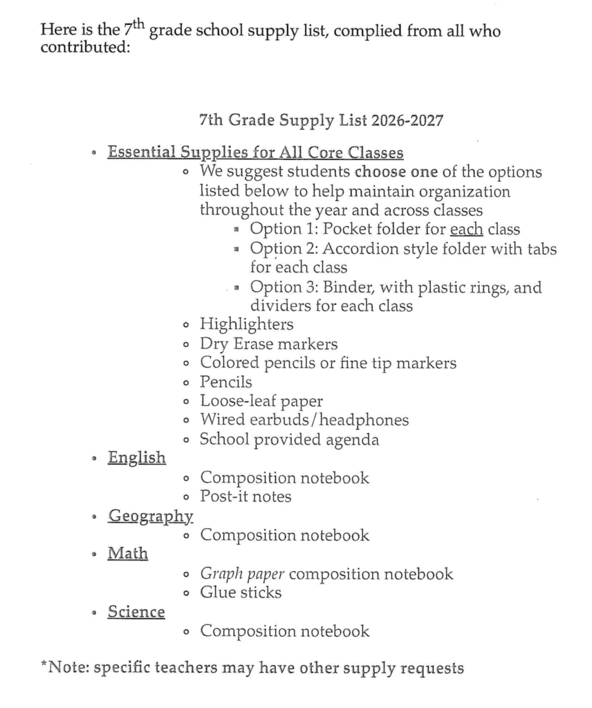 7th Grade Supply L ist