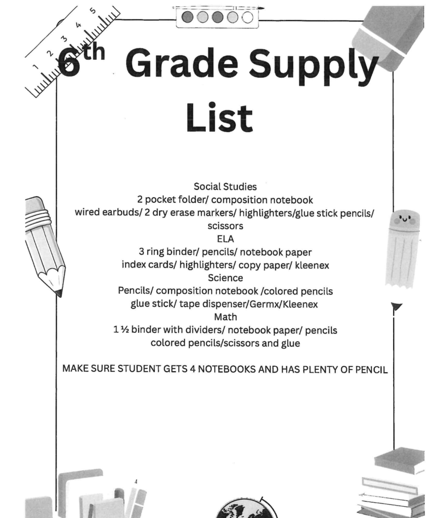 6th Grade Supply List