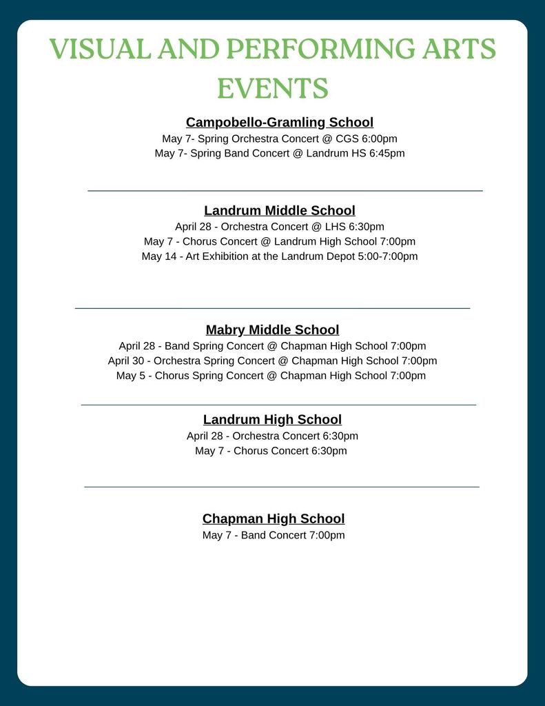 Visual and Performing Arts Events for the week end of the school year
