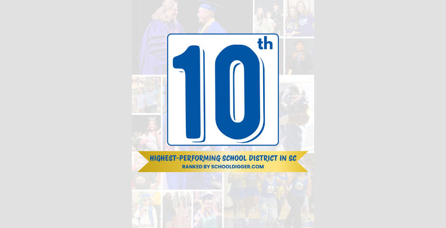 A graphic with a large 10th in blue celebrating Spartanburg School District Three's Top 10 Ranking of all SC School Districts