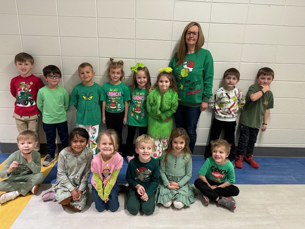 Ms. Jolly and Ms. Camby's grinch day class picture