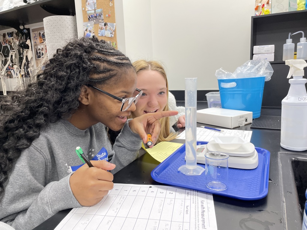 Mrs. Dubois's chemistry classes brush up on their measurement skills in this station's activity.