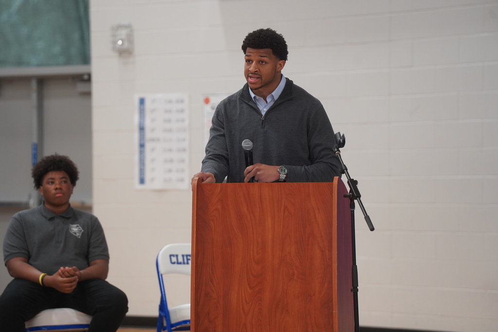 D'Marco Jackson speaks to Clifdale Middle students during Clifdale Middle School's Black History Program