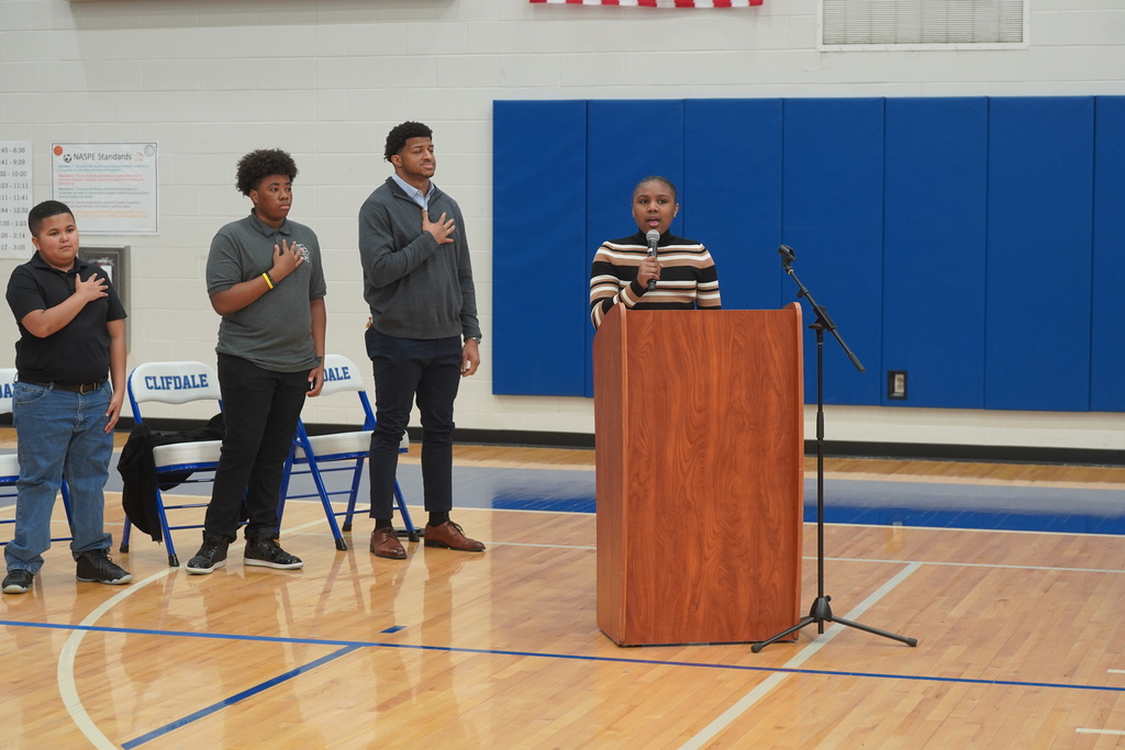D'Marco Jackson speaks to Clifdale Middle students during Clifdale Middle School's Black History Program