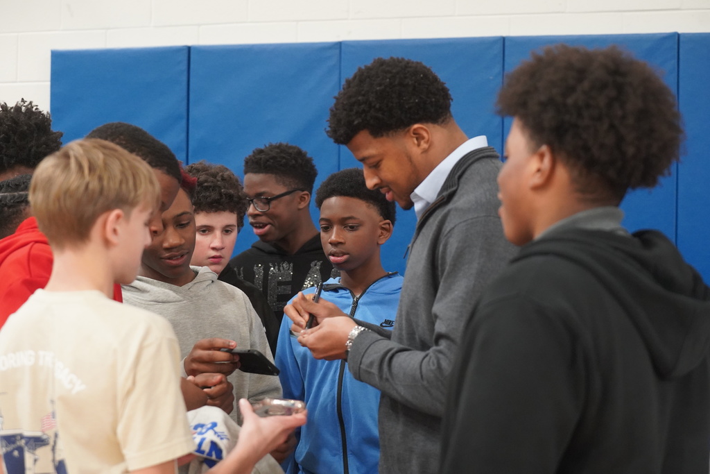 D'Marco Jackson speaks to Clifdale Middle students during Clifdale Middle School's Black History Program