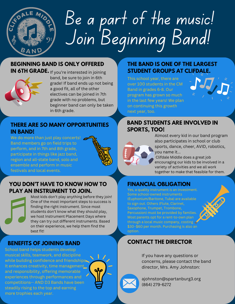 Clifdale Middle's 2nd Beginner Band Instrument Placement Day is this Thursday, May 14, from 4:00 pm to 6:00 pm! Please contact Mrs. Johnston with any questions: ajohnston@spartanburg3.org.