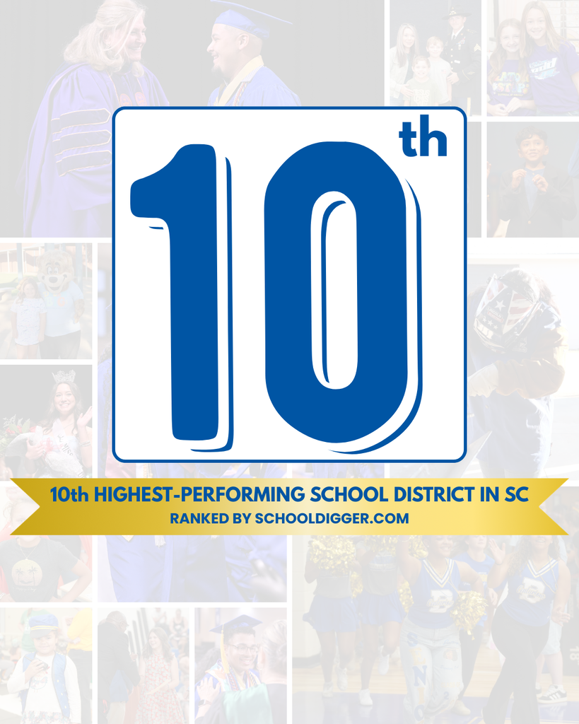 A graphic with a large blue 10 showcasing Spartanburg School District Three as the 10th highest-performing school district in SC