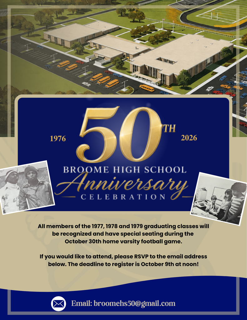 A flyer in gold announcing BHS 50th Anniversary Celebration at the October 30th Varsity Football Game