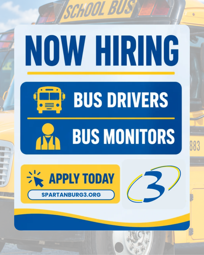 Now Hiring Graphic for Spartanburg 3 Which Features a Yellow School Bus in the Background