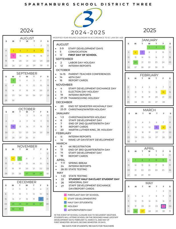2024-2025 Academic Calendar Now Available | Spartanburg School District Three