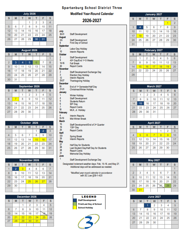 2026-27 Proposed Academic Calendar for Spartanburg School District Three
