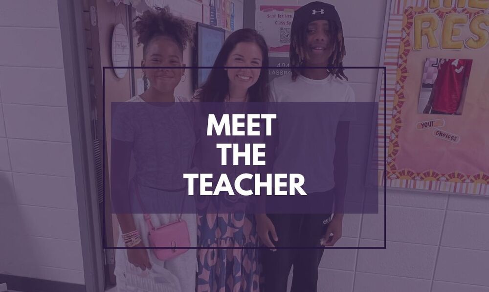 teacher posing with two students for a meet the teacher graphic