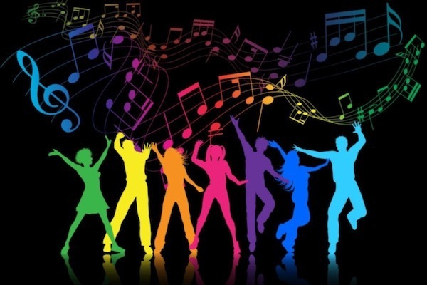 graphic of people dancing and musical notes in neon