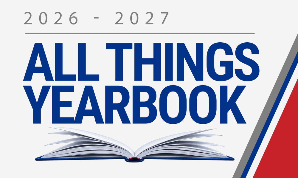 All things yearbook text hovering over a open book.
