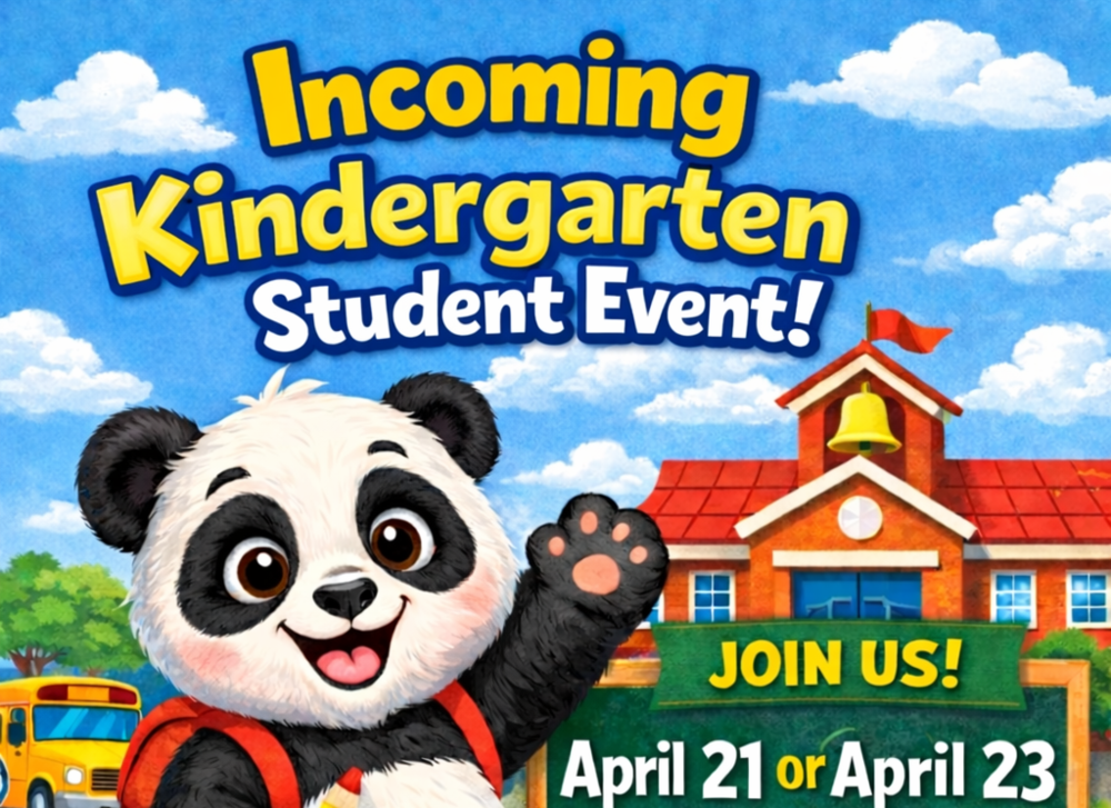 panda bear and school house with information for incoming K5 students